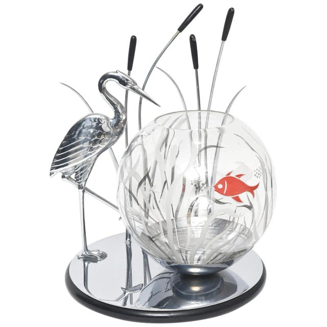Art Deco Heron Bird and Cattails Chrome Sculpture with Glass Fish Bowl Aquarium For Sale - Image 10 of 10