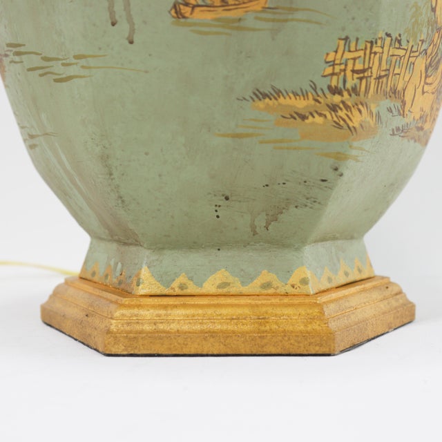 Pair of Green Hand-Painted Chinoiserie Tole Table Lamps With Pagoda and Landscape Design For Sale - Image 10 of 12