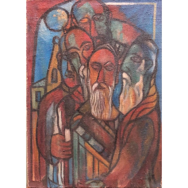 Modern Modernist Judaica Oil Painting Blessing the New Moon, Jewish Prayer, c.1940 For Sale - Image 3 of 6