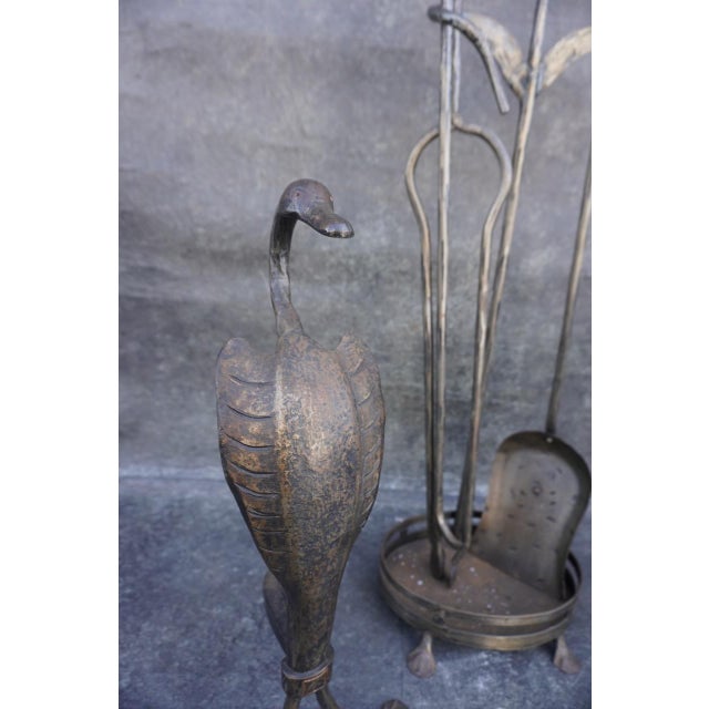 Metal Early 20th Century Original Cahill Iron Works Waterfowl Fireplace Andirons and Tool Set For Sale - Image 7 of 8