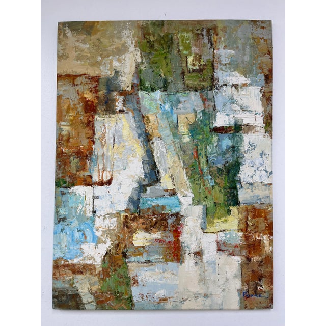 A richly textured original oil painting on canvas blending earthy tones of rust moss green sky blue and ivory with layered...