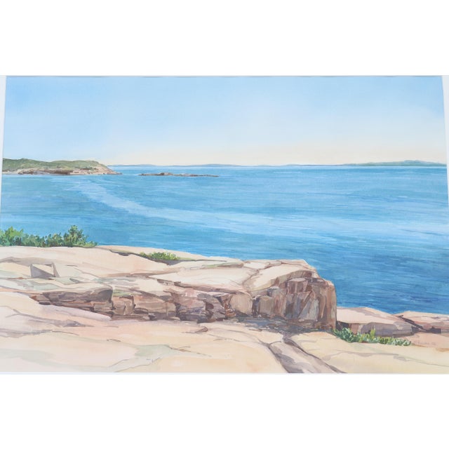 Contemporary 1986 Hannah Ferenbach Rocky Coastal Seascape Watercolor Painting One-of-a-Kind For Sale - Image 3 of 18
