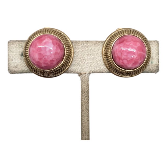 Vintage 1950s Signed Nettie Rosenstein Round Goldtone Cabochon Faux-Coral Clip Earrings- 2 Pieces For Sale