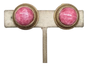 Vintage 1950s Signed Nettie Rosenstein Round Goldtone Cabochon Faux-Coral Clip Earrings- 2 Pieces