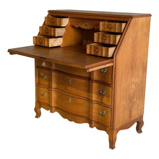 Oak Slant-Front Bureau Writing Desk With Storage Mid-Century Modern 1970s For Sale