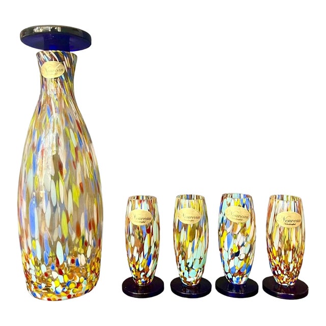Decanter & Glasses Set by Nouveau Handcrafted - Murano Style Art Glass – Confetti Glass With Cobalt Accents, Decanter Stopper & 4 Matching Glasses For Sale
