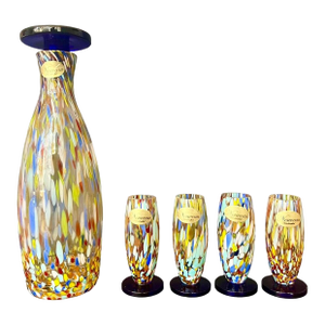 Decanter & Glasses Set by Nouveau Handcrafted - Murano Style Art Glass – Confetti Glass With Cobalt Accents, Decanter Stopper & 4 Matching Glasses