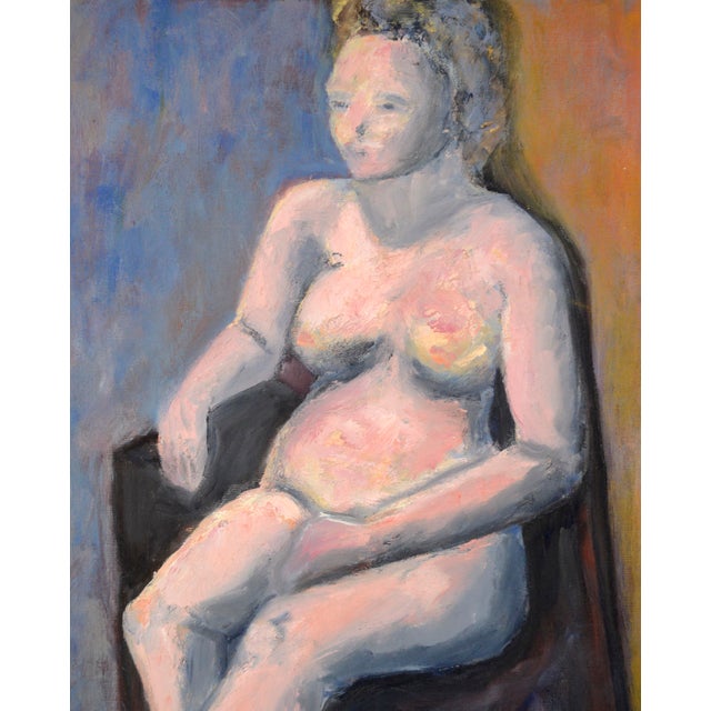 Colorful modernist impasto figure painting of a seated woman by an unknown artist. This contemporary figurative piece uses...