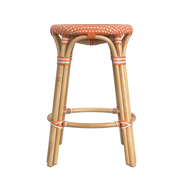 2020s Tobias 24 in. Seat Height Round Rattan Backless Counter Stool, Orange/White Dot/ Natural Rattan Frame For Sale - Image 5 of 7