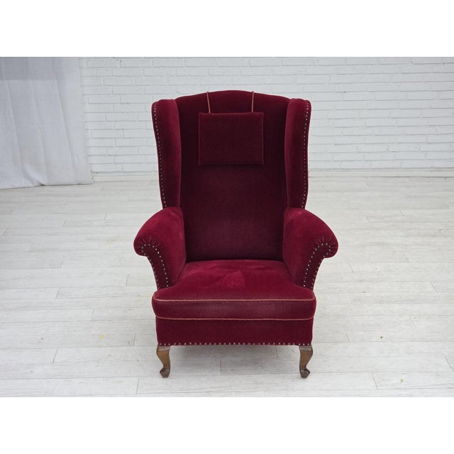 Mid-Century Modern Danish Highback Wingback Armchair in Cherry-Red Velour, 1960s For Sale - Image 3 of 18