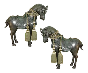 Large Maitland Smith 3-Foot Tall Bronze Horse or Pony Sculptures - a Pair