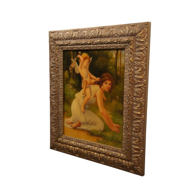 Late 20th century oil on canvas reproduction painting after "Venus and Cupid" by Guillaume Seignac. Depicts a young Cupid...