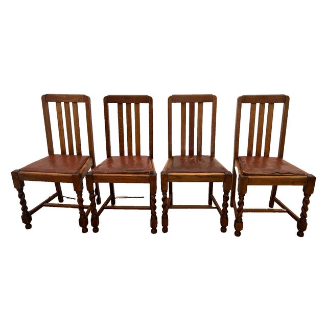 Antique Chairs set of four, Barley Twist Legs, Solid Oak, Brown Vinyl Seats 36" x 18' X 17", cushion seat height 17". Very...