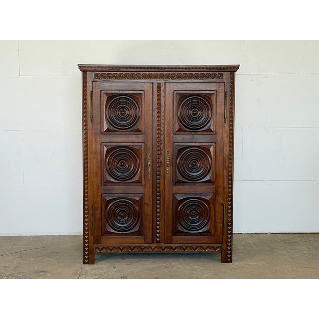 French Brutalist Carved Oak Armoire attributed to Charles Dudouyt, 1940s For Sale - Image 15 of 15