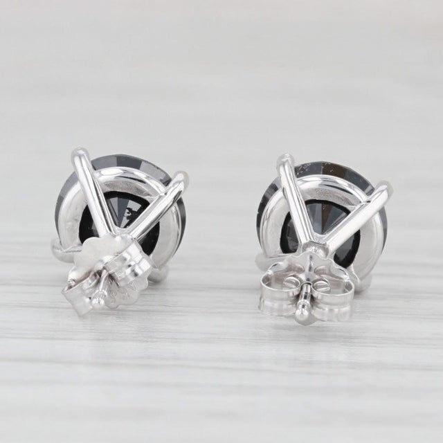New 3.47ctw Black Diamond Stud Earrings 14k White Gold Round Solitaires - 2 Pieces For Sale - Image 4 of 6