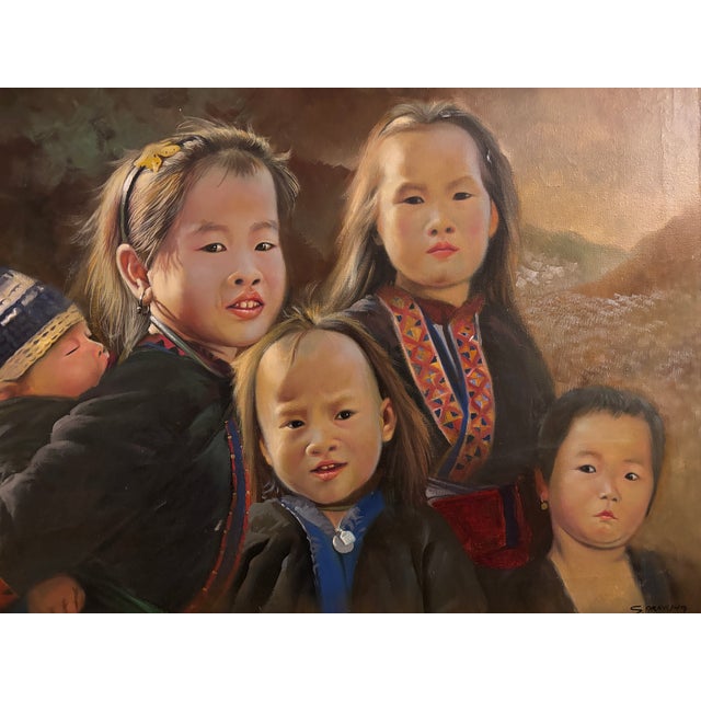 S Prayung, H S T Group of Hmong Children, 1970s, Oil Painting on Canvas, Framed For Sale - Image 4 of 10