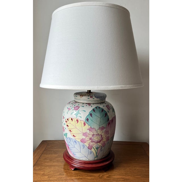 Vintage Classic Tobacco Leaf Ceramic Lamp-Wood Pedestal For Sale In New York - Image 6 of 8