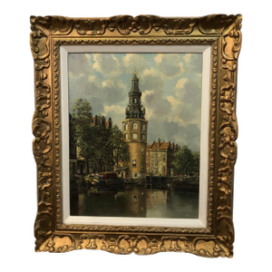 Mid 20th Century European School Clock Tower Antique Original Signed Oil on Canvas