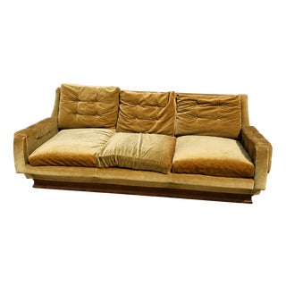 Vintage Green Velvet and Wood Sofa, 1950s For Sale