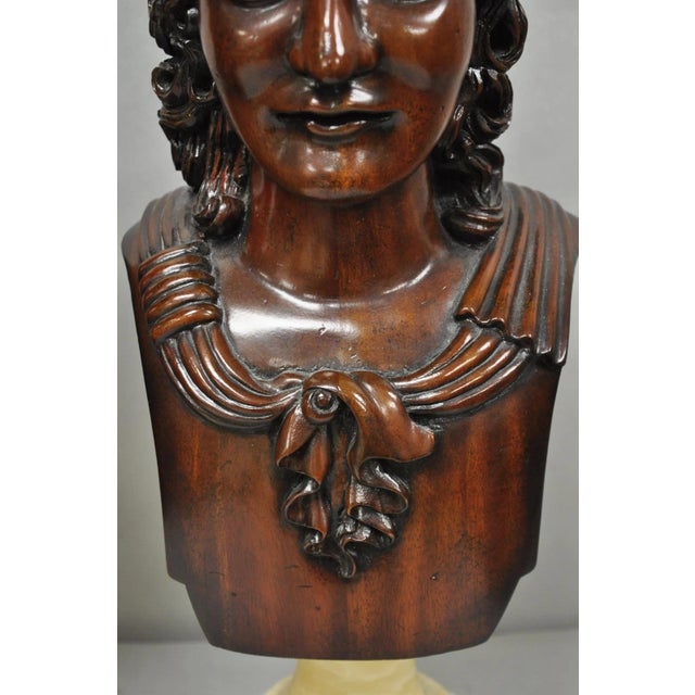 Late 20th Century Classical Maitland Smith Style Carved Mahogany Wood Bust on Alabaster - A Pair For Sale In Philadelphia - Image 6 of 15