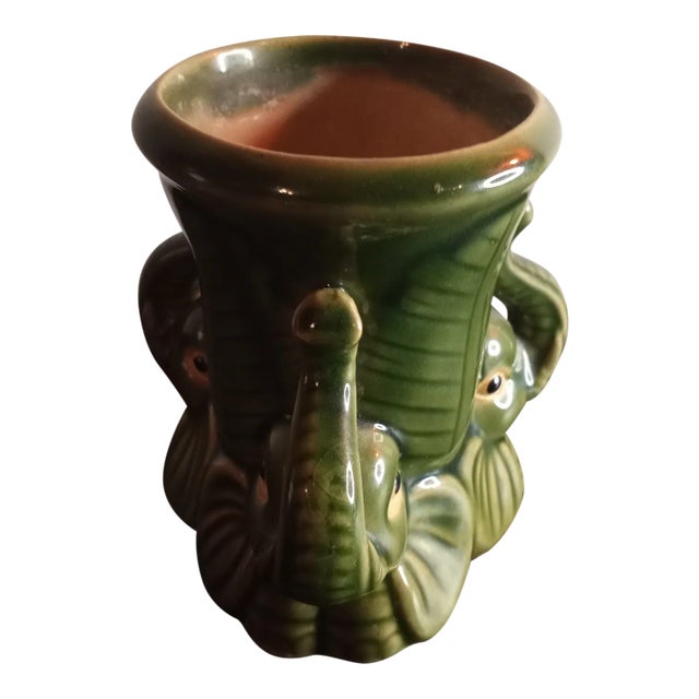 1980s Majolica Style Made in Italy Baby Elephant Green Vase or Planter For Sale