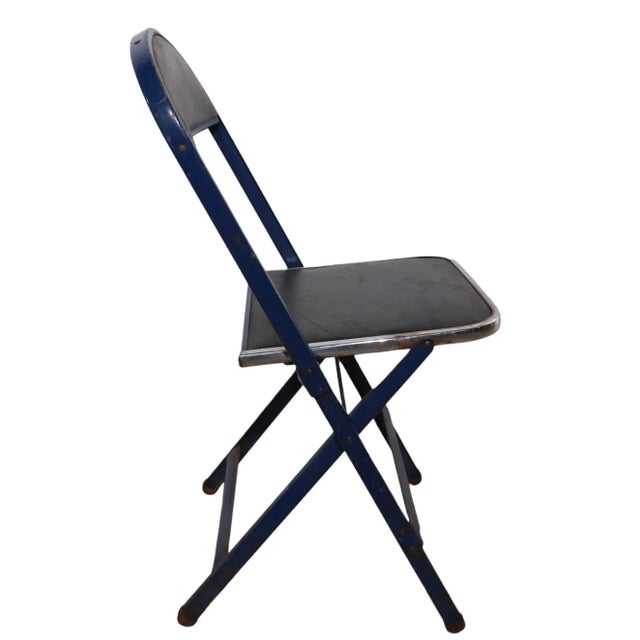 4 Vintage Folding Chairs in Blue Oilcloth Steel and Chrome by Cosco For Sale - Image 9 of 11
