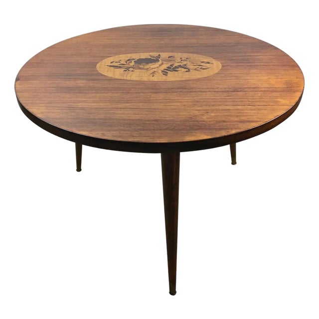 French Art Deco Style Round Wooden Cocktail or Side Table With Marquetry Center For Sale