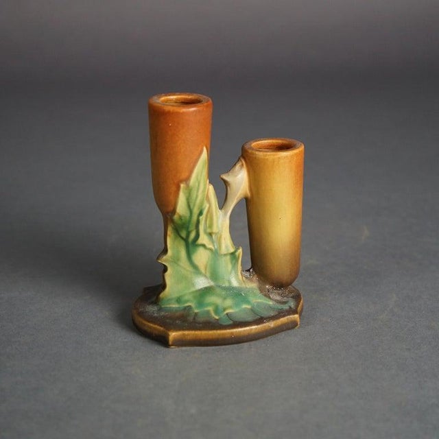 1930s Roseville Art Pottery Brown Double Bud Vase With Thornapple Pattern C1937 For Sale - Image 5 of 8