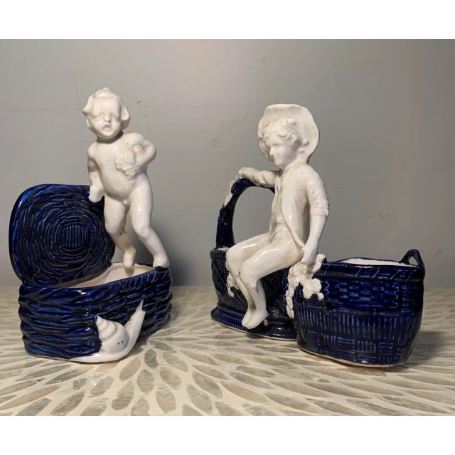 French Country Small Antique French Country Figural Porcelain Planters - Set of 2 For Sale - Image 3 of 8