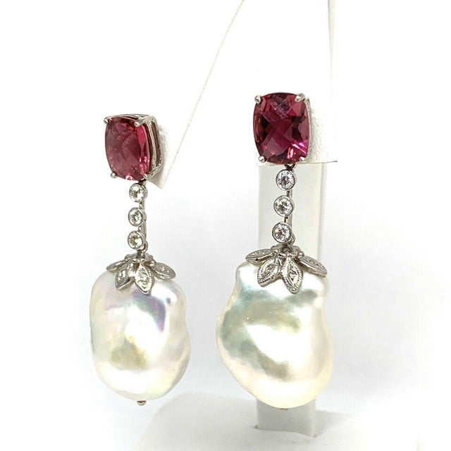 Diamond Rubellite Tourmaline Pearl Earrings 18k Gold 6.25 TCW Certified For Sale - Image 12 of 12