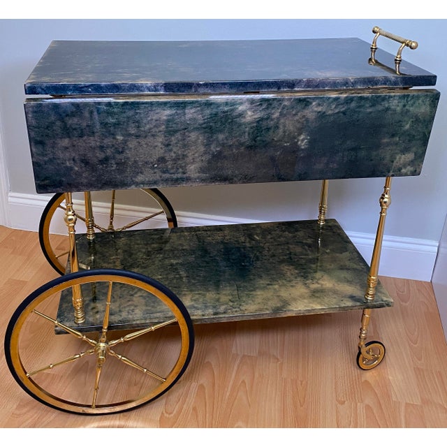 Aldo Tura Green Lacquered Goatskin Bar Cart, Brass Two-Tier Folding Drinks Trolley, Italy 1960s For Sale - Image 16 of 17