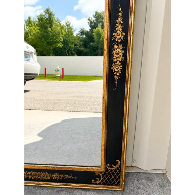 Wood Vintage Italian Hollywood Regency Chinoiserie Black & Gilt Lacquer Wall Mirror For Sale - Image 7 of 12