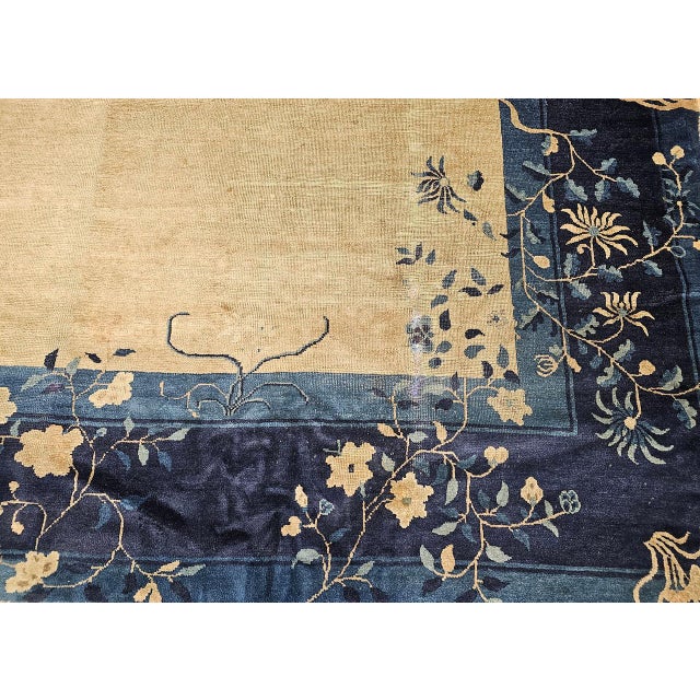 Antique Chinese Peking Rug, Wool Pile, Tan Field, Navy Border, 9' x 12' For Sale - Image 15 of 17