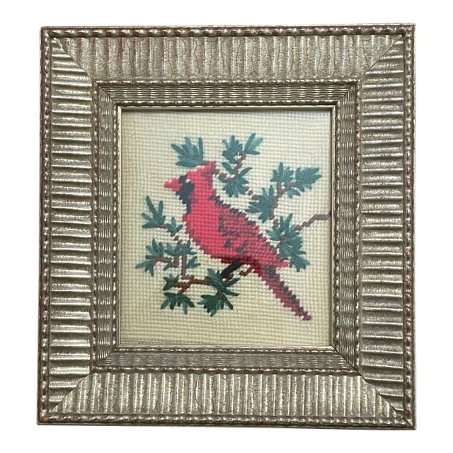 Late 20th Century Vintage Framed Cross Stitch - Red Cardinal For Sale