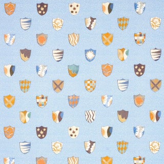Sample - Schumacher x Happy Menocal Heraldic Fabric In Oxford Blue For Sale