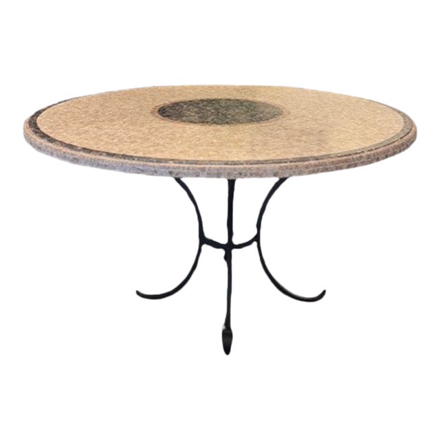 Arhaus Italian Travertine Mosaic Dining Table, 54" Round, Wrought Iron Base For Sale