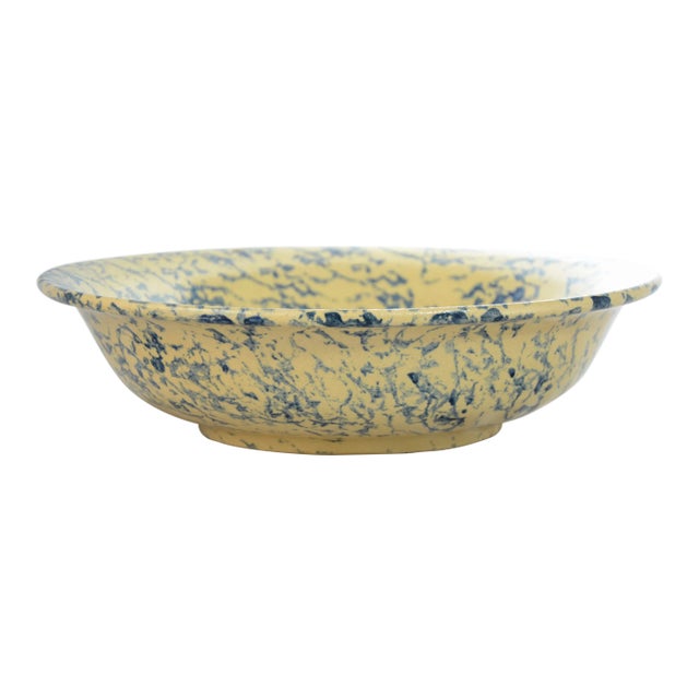1950s Ransbottom Blue Sponge Glaze Yellow Clay 11” Bowl For Sale