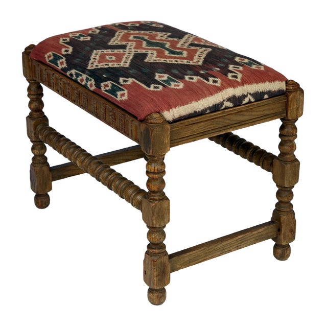 Tribal 1920s Antique Wooden Bench With Antique Iktat Fabric For Sale - Image 3 of 9