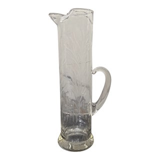 1950s Mid Century Modern Javit Glass Fine Wheat Engraved Handled Martini Pitcher For Sale