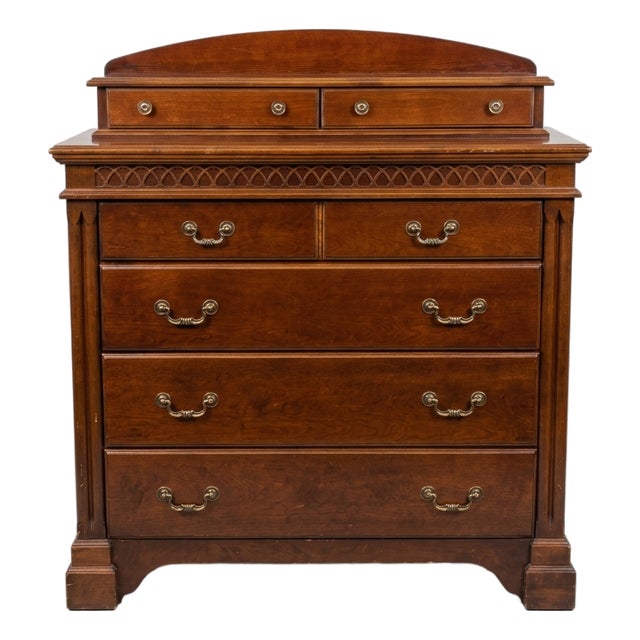 Vintage Lane Gothic Revival Tall Chest of Drawers With Pierced Arch Detail For Sale