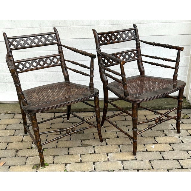 Baker Furniture Company Pair of Regency Style Faux-Bamboo Faux-Painted Caned Seat Arm Chairs by Baker Furniture. For Sale - Image 4 of 12