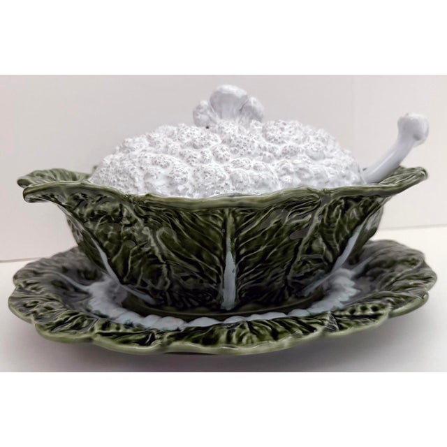 Contemporary Majolica Cauliflower Soup Tureen With Lid, Ladle and Tray - 4 Pieces For Sale - Image 3 of 6