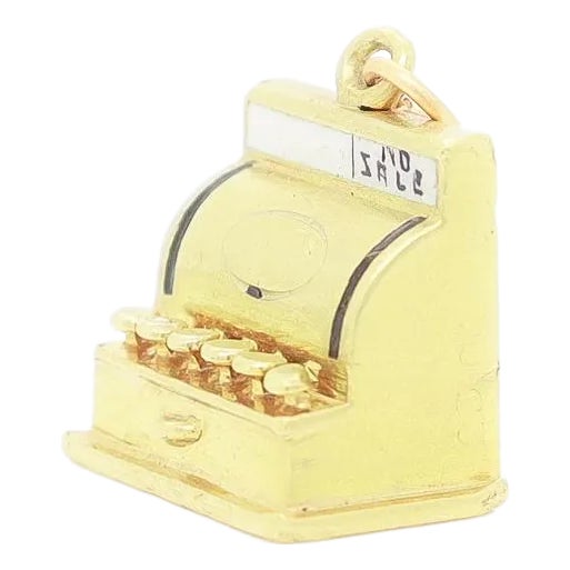 Vintage 14k Gold & Enamel Figural 'No Sale' Cash Register Charm For Sale