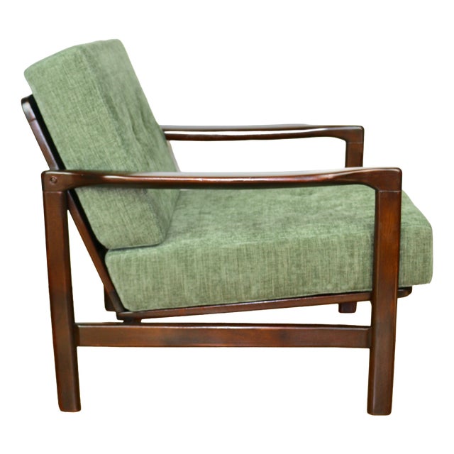 Vintage Brown Wooden Armchair in Green-Olive Jeans Design from Z. Bączyk, 1970s For Sale
