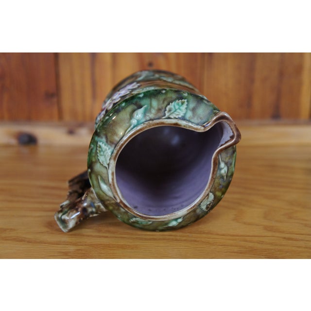 Antique Majolica French Barbotine Dog Rose Flower Blossom Water Pitcher Jug For Sale - Image 9 of 12