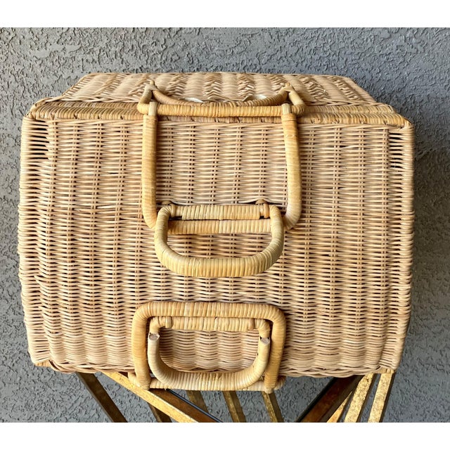 Circa 1970 Coastal Chic Nicely-Sized Decorative Rattan Sewing Basket With Folding Latch Handles For Sale - Image 11 of 15