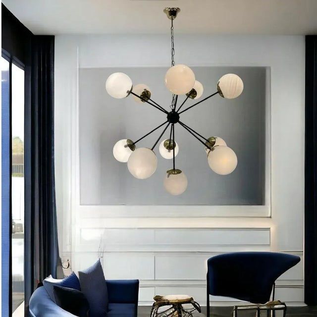 Large black metal brass white glass sputnik chandelier 10 lights 1990’s height including chain and ceiling canopy 115 cm...