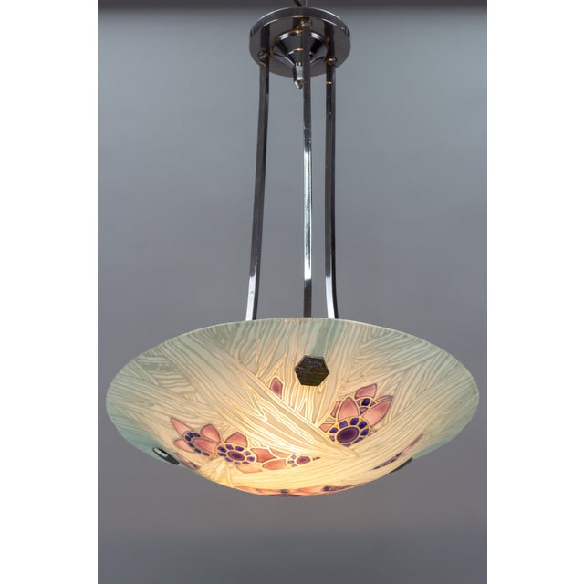 Art Deco French Floral Glass and Chrome Pendant Light from Loys Lucha, 1930s For Sale - Image 13 of 18