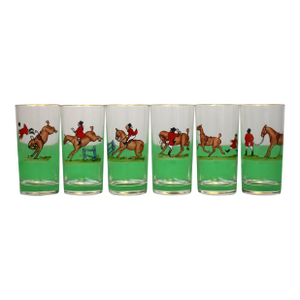Mid 20th Century Cyril Gorainoff X Abercrombie & Fitch Hand Painted Fox Hunter Highball Cocktail Glasses- Set of 6