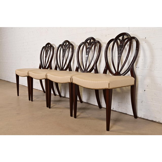 English Baker Furniture Style Georgian Carved Mahogany Shield Back Side Chairs or Dining Chairs, Set of Four For Sale - Image 3 of 10